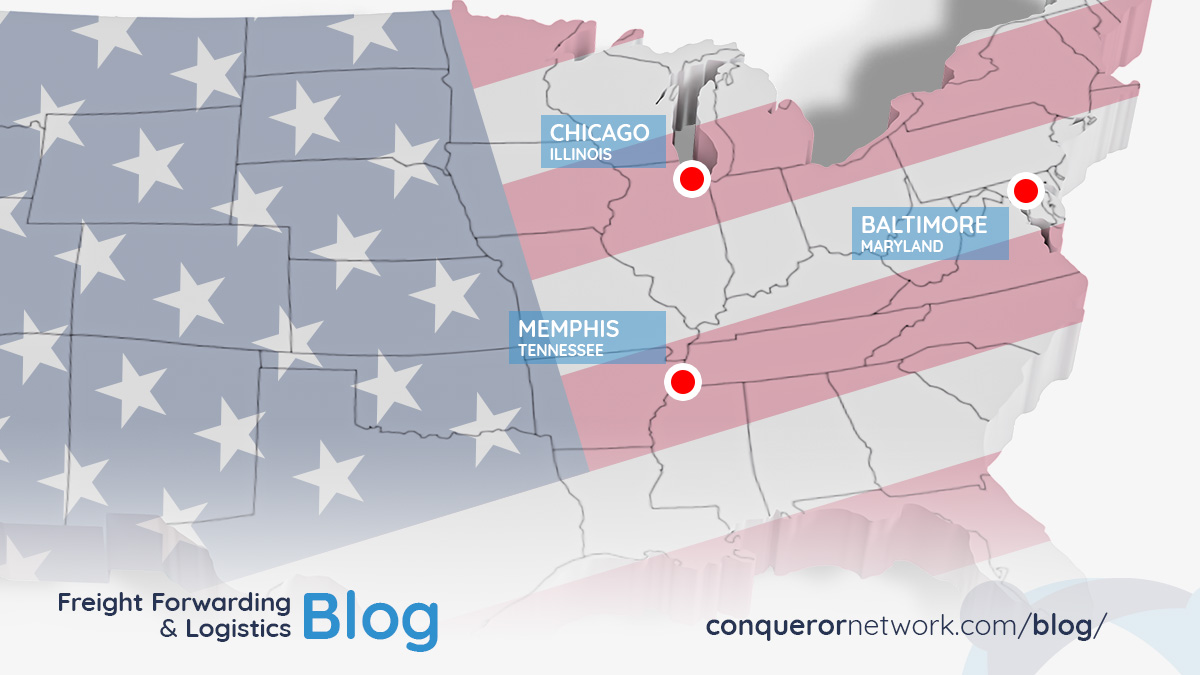  Map of the United States highlighting Chicago, Baltimore, and Memphis as emerging freight forwarding hubs